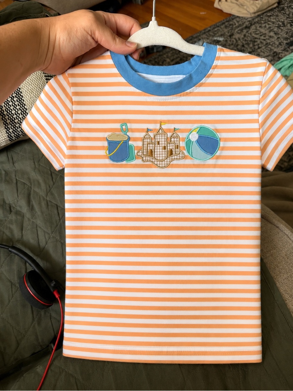 Trotter Street Kids' Orange & White Stripe Tee with Blue Trim and Beach Patch - Picture 3 of 4